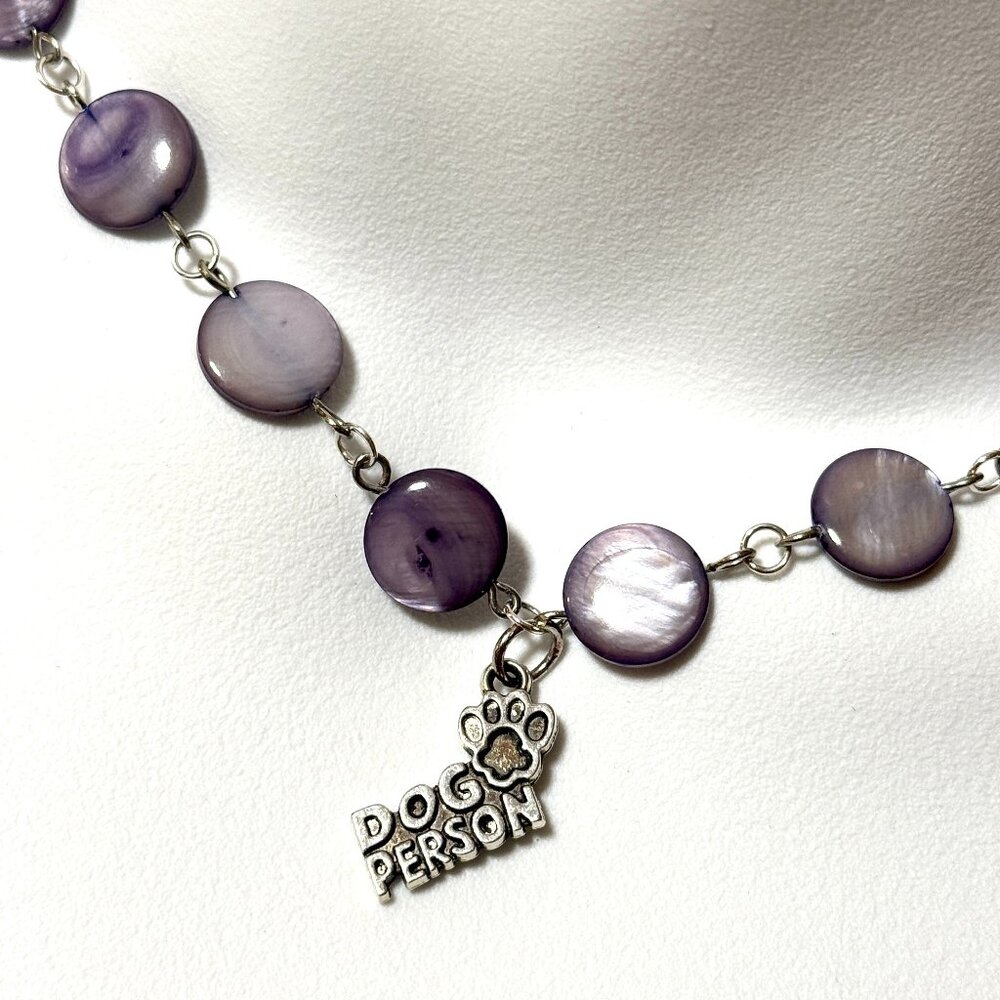 Purple Mother of Pearl Beaded Short Necklace + Dog Person Paw Print Pendant